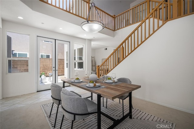 420 Augusta Ln, Placentia, CA 92870 - dining room with light colored carpet, stairs, recessed lighting, french doors, and a high ceiling