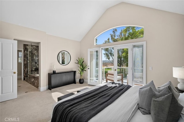 61 Clermont, Newport Coast, CA 92657 - bedroom with access to outside, carpet flooring, and high vaulted ceiling