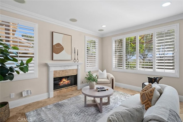 61 Clermont, Newport Coast, CA 92657 - living room featuring a high end fireplace, crown molding, and recessed lighting