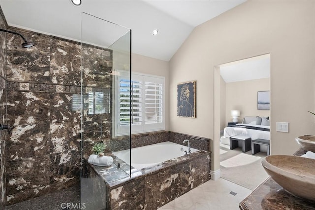 61 Clermont, Newport Coast, CA 92657 - full bath with ensuite bathroom, a marble finish shower, a bath, and vaulted ceiling
