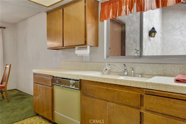 353 E Woodcroft Ave, Glendora, CA 91740 - kitchen featuring light countertops, dark colored carpet, white dishwasher, brown cabinets, and a textured ceiling