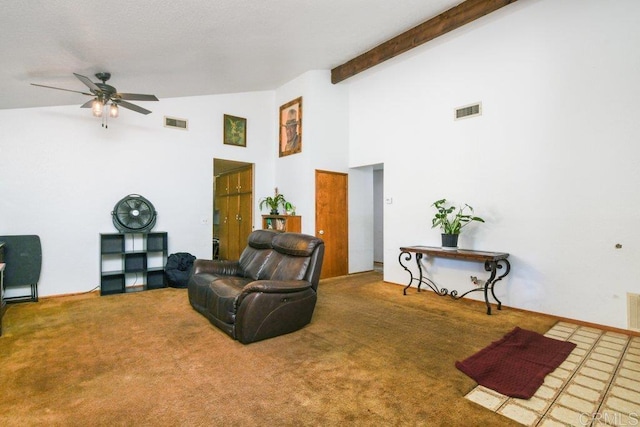 3096 Coral Tree Ln, Fallbrook, CA 92028 - sitting room with ceiling fan, high vaulted ceiling, carpet floors, and beam ceiling