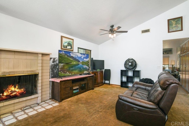 3096 Coral Tree Ln, Fallbrook, CA 92028 - carpeted living room with a ceiling fan, high vaulted ceiling, and a brick fireplace