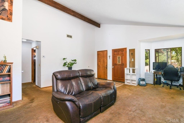 3096 Coral Tree Ln, Fallbrook, CA 92028 - living area with carpet, high vaulted ceiling, a desk, and beamed ceiling