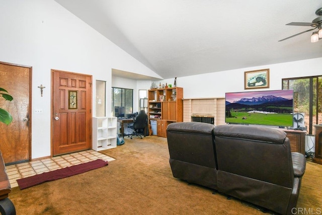 3096 Coral Tree Ln, Fallbrook, CA 92028 - living area with carpet flooring, an office area, a ceiling fan, and lofted ceiling