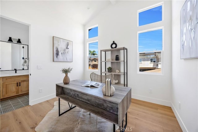 2102 Marshallfield Ln Unit A, Redondo Beach, CA 90278 - office featuring light wood-style flooring and high vaulted ceiling