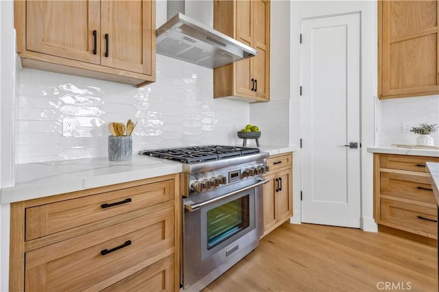 2102 Marshallfield Ln Unit A, Redondo Beach, CA 90278 - kitchen featuring wall chimney range hood, stainless steel range, backsplash, light wood-type flooring, and light countertops