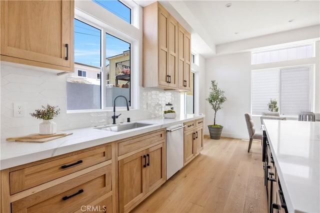 2102 Marshallfield Ln Unit A, Redondo Beach, CA 90278 - kitchen featuring stainless steel dishwasher, light wood-style flooring, decorative backsplash, and healthy amount of natural light