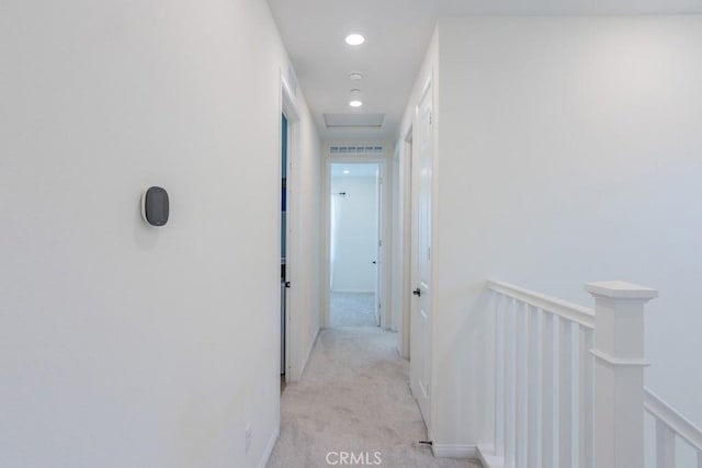 27474 Quiet View Pl, Valencia, CA 91381 - hallway with an upstairs landing, light carpet, attic access, and recessed lighting