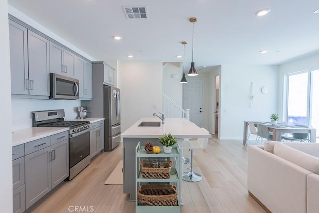 27474 Quiet View Pl, Valencia, CA 91381 - kitchen featuring appliances with stainless steel finishes, gray cabinetry, light wood-style floors, light countertops, and recessed lighting