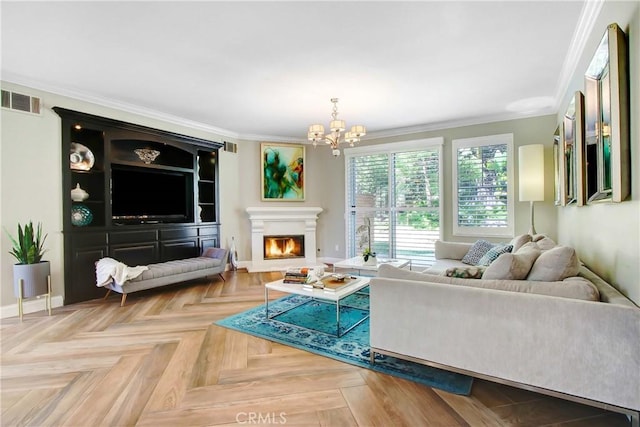 3090 Mangular Ave, Corona, CA 92882 - living room with a chandelier, ornamental molding, and a warm lit fireplace