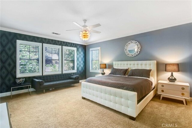 3090 Mangular Ave, Corona, CA 92882 - carpeted bedroom with multiple windows, ornamental molding, and a ceiling fan