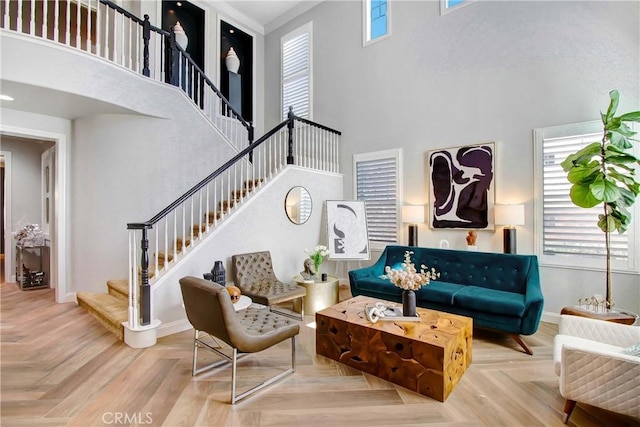 3090 Mangular Ave, Corona, CA 92882 - living area with a towering ceiling and stairs