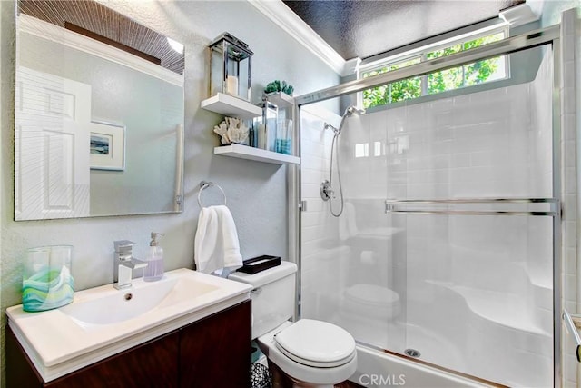 3090 Mangular Ave, Corona, CA 92882 - full bathroom featuring a stall shower, crown molding, vanity, and a textured wall