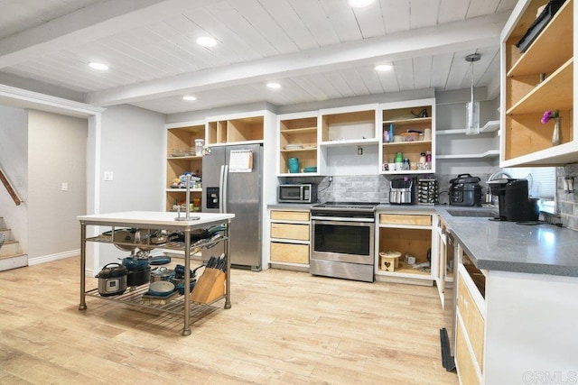 1736 Bellington Ln, Fallbrook, CA 92028 - kitchen with stainless steel appliances, open shelves, decorative backsplash, light wood-style floors, and a wood ceiling with exposed beams