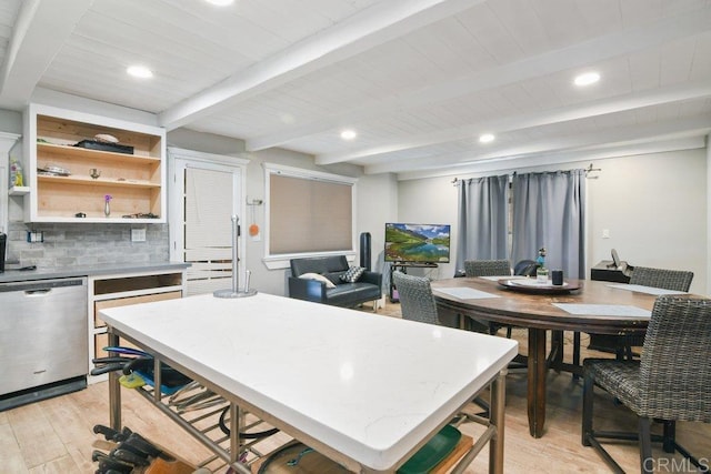 1736 Bellington Ln, Fallbrook, CA 92028 - kitchen with dishwasher, light wood finished floors, tasteful backsplash, open shelves, and recessed lighting