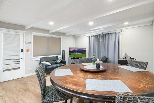 1736 Bellington Ln, Fallbrook, CA 92028 - dining area featuring light wood-type flooring, beamed ceiling, and recessed lighting