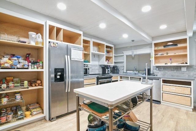 1736 Bellington Ln, Fallbrook, CA 92028 - kitchen with open shelves, appliances with stainless steel finishes, light wood-type flooring, backsplash, and beamed ceiling