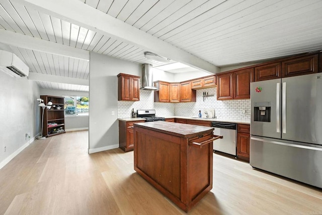 9738 Jamacha Blvd, Spring Valley, CA 91977 - kitchen featuring stainless steel appliances, wall chimney exhaust hood, light wood-type flooring, backsplash, and a wooden ceiling with exposed beams