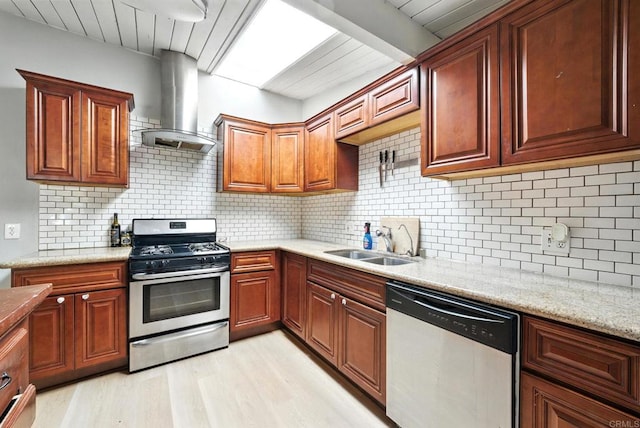 9738 Jamacha Blvd, Spring Valley, CA 91977 - kitchen with appliances with stainless steel finishes, wall chimney exhaust hood, light wood-type flooring, tasteful backsplash, and wooden ceiling