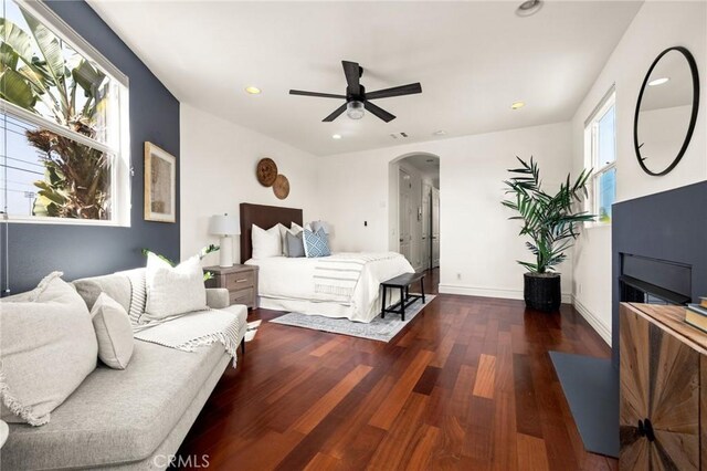 2620 Huntington Ln, Redondo Beach, CA 90278 - bedroom featuring arched walkways, wood finished floors, recessed lighting, and ceiling fan