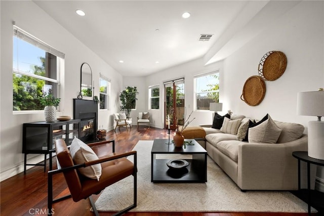 2620 Huntington Ln, Redondo Beach, CA 90278 - living room featuring a glass covered fireplace, wood finished floors, and recessed lighting