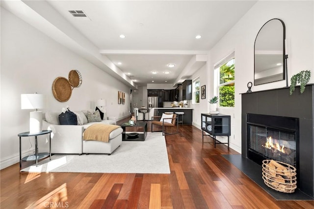 2620 Huntington Ln, Redondo Beach, CA 90278 - living room with dark wood finished floors, a glass covered fireplace, and recessed lighting