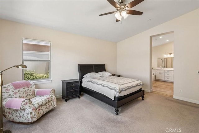232 Loretta Way, Calimesa, CA 92320 - bedroom with light carpet, lofted ceiling, ensuite bathroom, and ceiling fan