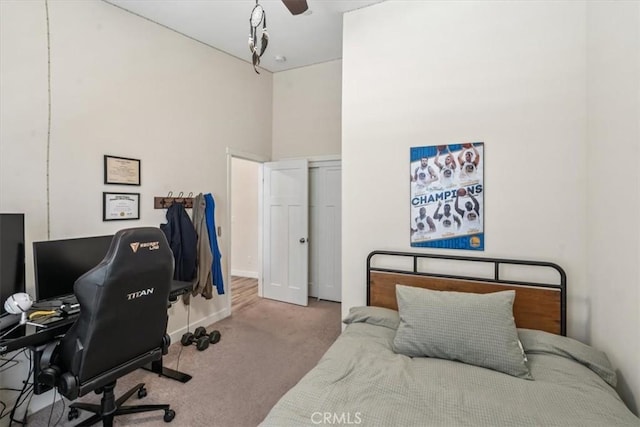 232 Loretta Way, Calimesa, CA 92320 - bedroom with carpet floors, an office area, a high ceiling, and a ceiling fan