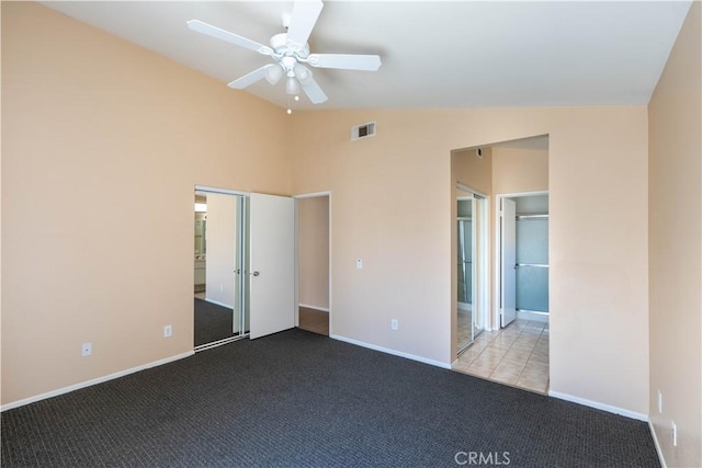 28076 Orangegrove Ave, Menifee, CA 92584 - unfurnished bedroom with carpet floors, lofted ceiling, and ceiling fan