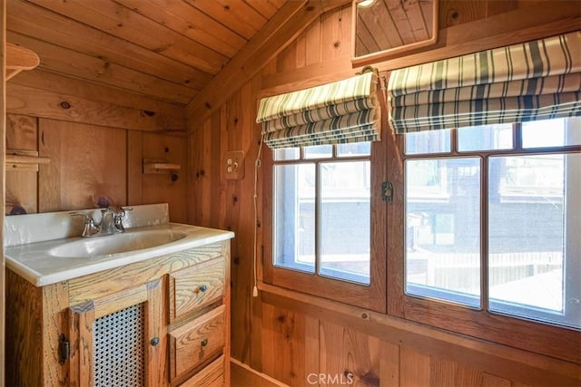 625 High Dr, Laguna Beach, CA 92651 - bathroom featuring lofted ceiling, wooden walls, vanity, and wood ceiling