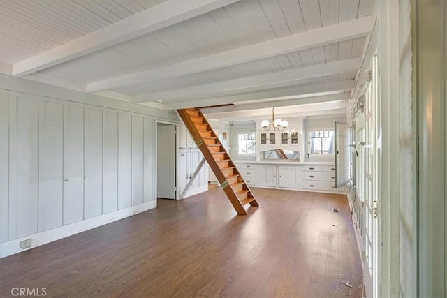 625 High Dr, Laguna Beach, CA 92651 - unfurnished living room with a chandelier, wood finished floors, stairway, and beamed ceiling
