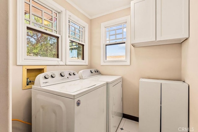 34283 Via Lopez, Dana Point, CA 92624 - washroom with cabinet space, independent washer and dryer, crown molding, and light tile patterned floors