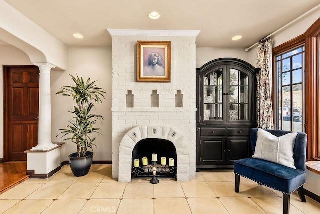 34283 Via Lopez, Dana Point, CA 92624 - living area with light tile patterned flooring, ornate columns, and recessed lighting