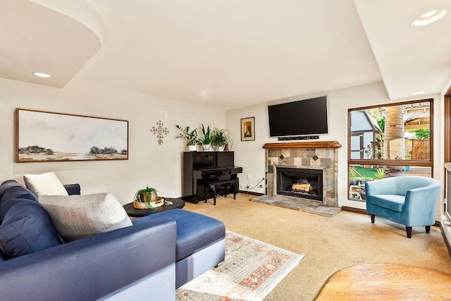 34283 Via Lopez, Dana Point, CA 92624 - living room featuring light carpet, a stone fireplace, and recessed lighting