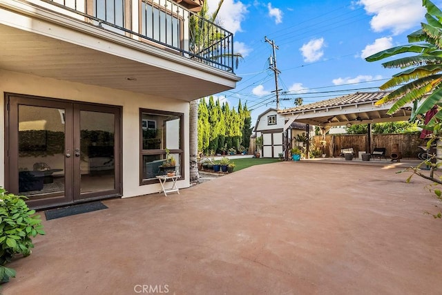 34283 Via Lopez, Dana Point, CA 92624 - patio / terrace with french doors, a patio area, a storage shed, and a gazebo