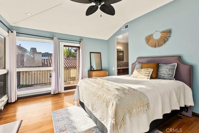 34283 Via Lopez, Dana Point, CA 92624 - bedroom featuring access to outside, wood finished floors, lofted ceiling, and ceiling fan