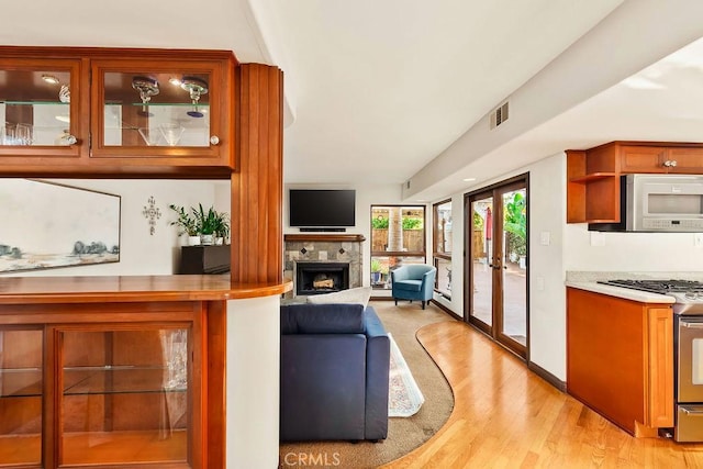 34283 Via Lopez, Dana Point, CA 92624 - living room featuring a fireplace, light wood finished floors, and french doors