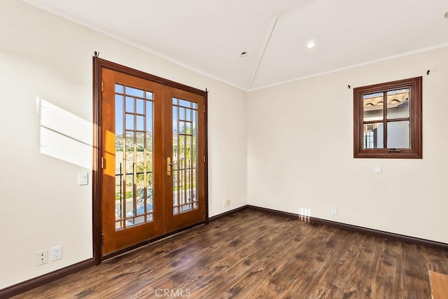 34283 Via Lopez, Dana Point, CA 92624 - unfurnished room featuring french doors, dark wood-type flooring, ornamental molding, and recessed lighting