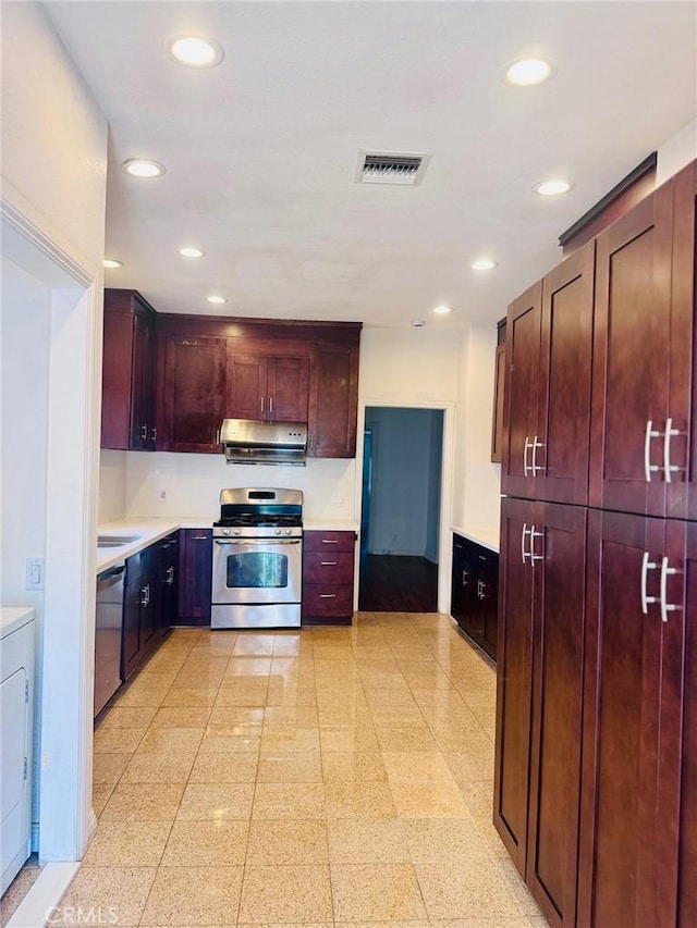 1809 S 5th St, Alhambra, CA 91803 - kitchen with appliances with stainless steel finishes, light countertops, recessed lighting, under cabinet range hood, and reddish brown cabinets