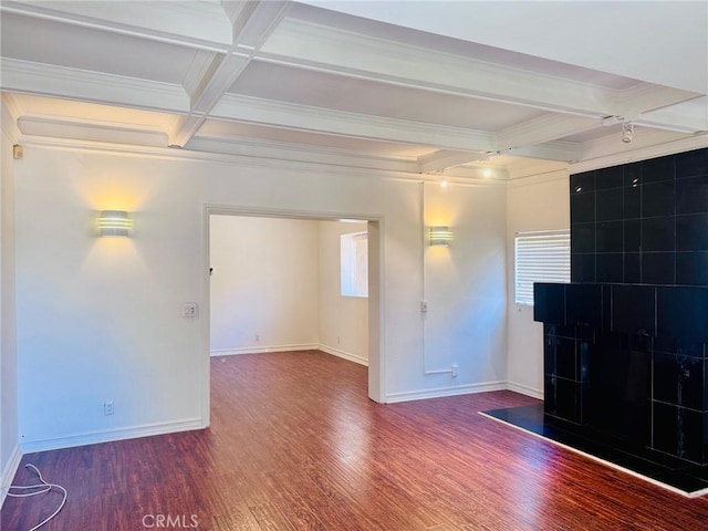 1809 S 5th St, Alhambra, CA 91803 - unfurnished living room featuring ornamental molding, beamed ceiling, plenty of natural light, coffered ceiling, and wood finished floors