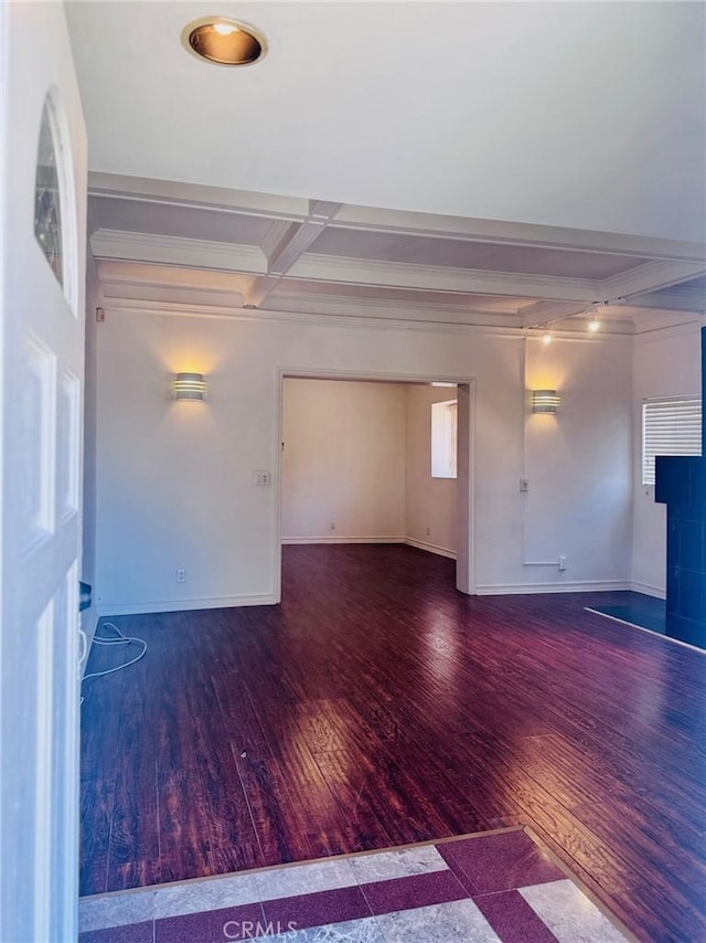 1809 S 5th St, Alhambra, CA 91803 - unfurnished room with beam ceiling, wood finished floors, coffered ceiling, and crown molding