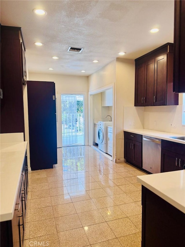 1809 S 5th St, Alhambra, CA 91803 - kitchen with stainless steel dishwasher, separate washer and dryer, light countertops, dark brown cabinets, and recessed lighting