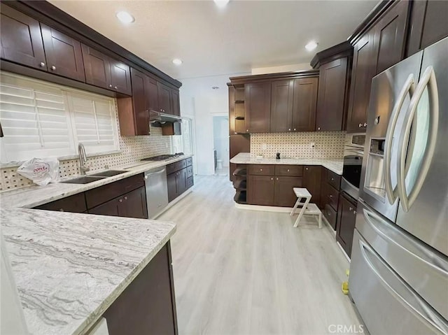 528 S Avington Ave, West Covina, CA 91790 - kitchen with appliances with stainless steel finishes, open shelves, light wood-style flooring, decorative backsplash, and dark brown cabinets