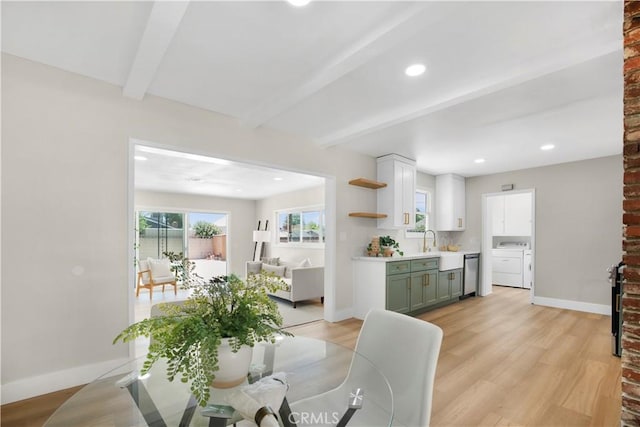 1347 W Princeton St, Ontario, CA 91762 - dining space with beamed ceiling, independent washer and dryer, light wood-style floors, and recessed lighting