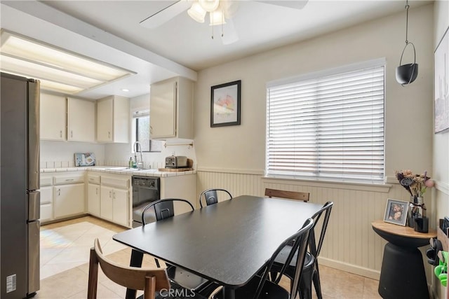 304 S Minnesota Ave, Glendora, CA 91741 - dining area featuring ceiling fan, light tile patterned floors, and wainscoting