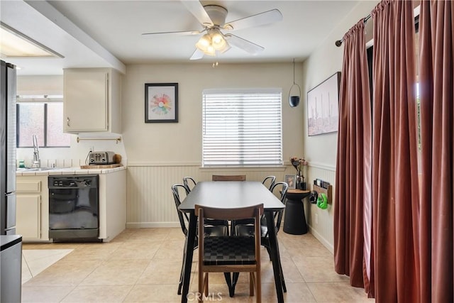 304 S Minnesota Ave, Glendora, CA 91741 - dining room with a ceiling fan, wainscoting, and light tile patterned flooring