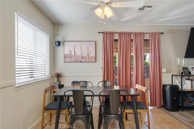 304 S Minnesota Ave, Glendora, CA 91741 - dining area featuring wainscoting, a ceiling fan, plenty of natural light, and light tile patterned floors