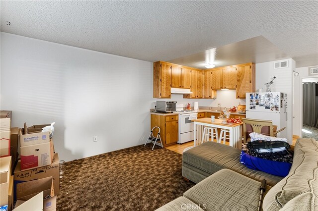 351 W 19th St, Merced, CA 95340 - kitchen with under cabinet range hood, white appliances, open floor plan, and a textured ceiling