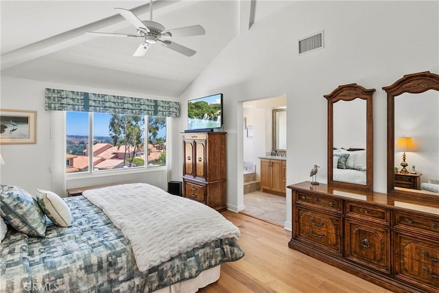 23256 Arelo Ct, Laguna Niguel, CA 92677 - bedroom featuring light wood finished floors, high vaulted ceiling, beam ceiling, ceiling fan, and ensuite bathroom